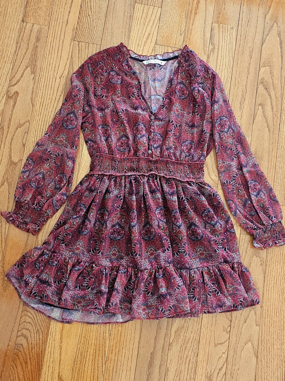Zara Burgundy Floral Smocked Waist Long-Sleeve Dress Medium